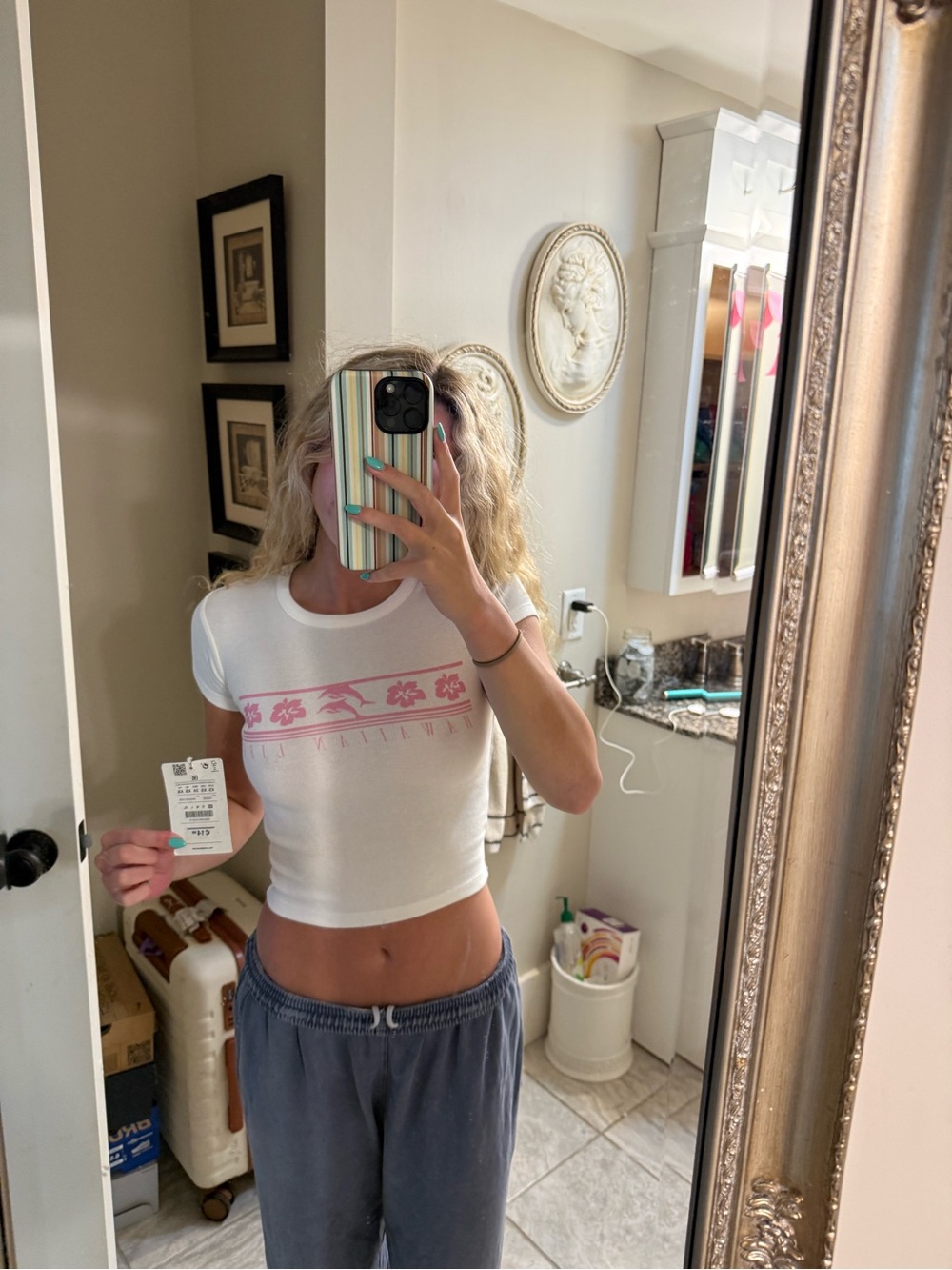 Women's White Crop Tee with Pink Graphic